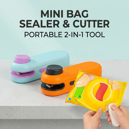 Alphinea mini scelleuse et coupe-sacs, un outil portable 2 en 1 présenté en bleu clair et orange, avec des mains utilisant une scelleuse blanche pour refermer efficacement un sachet de collation jaune.