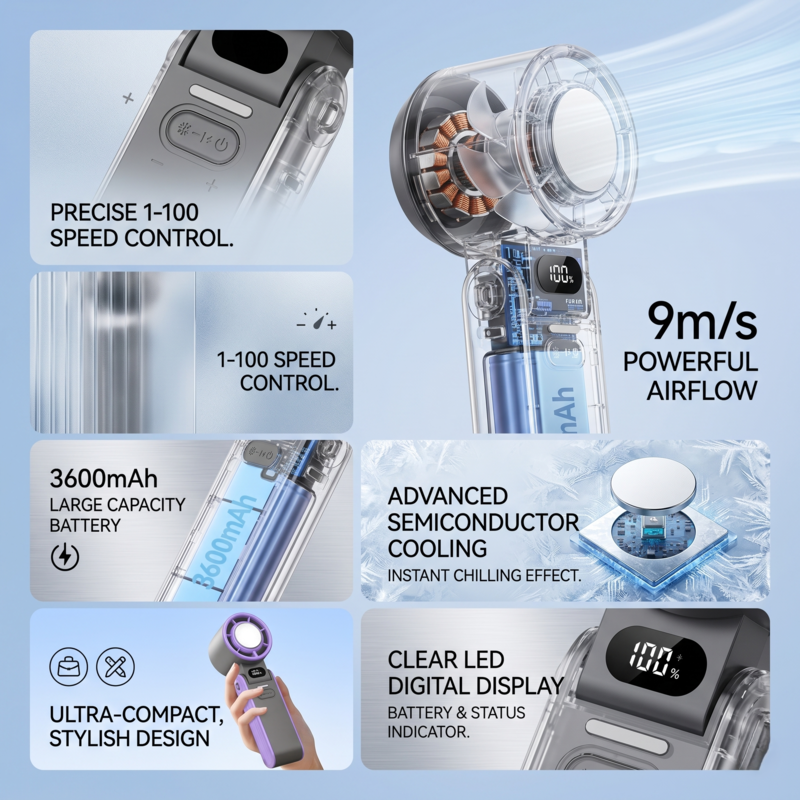 An infographic detailing the Alphinea portable fan's key features, including 1 to 100 variable speed control, a 3600mAh large-capacity battery, 9m/s powerful airflow, advanced semiconductor cooling, and an ultra-compact stylish design.