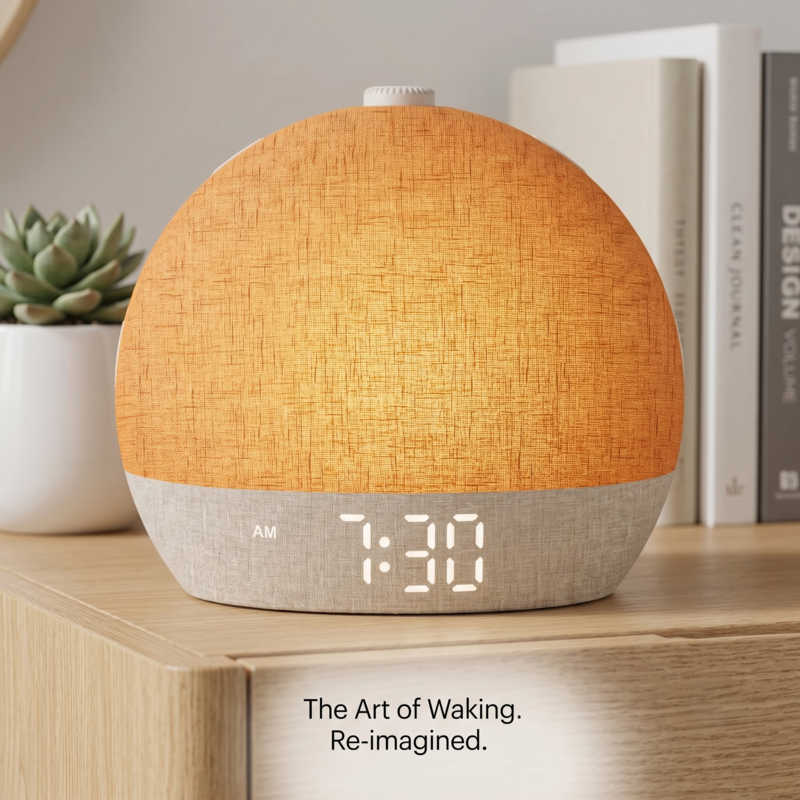 Réveil numérique moderne Alphinea avec lampe de réveil, posé sur une élégante étagère en bois entourée de plantes et d'objets de décoration.