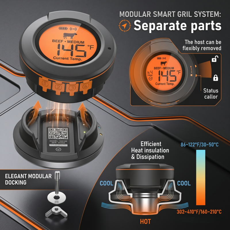 Diagram showing the separate parts of the Alphinea modular smart grill system, featuring a removable digital hub and heat-resistant base for safe ambient monitoring.