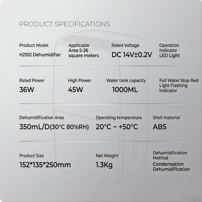 Detailed product specifications for the Alphinea moisture extractor, including a 1000ML water tank, 350ml daily extraction rate, and a lightweight 1.3kg chassis.