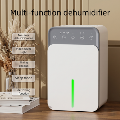 Alphinea 1.5L multi-function smart dehumidifier on a wooden desk, featuring two-stage moisture control, night light, timer settings, sleep mode, and defrosting function.
