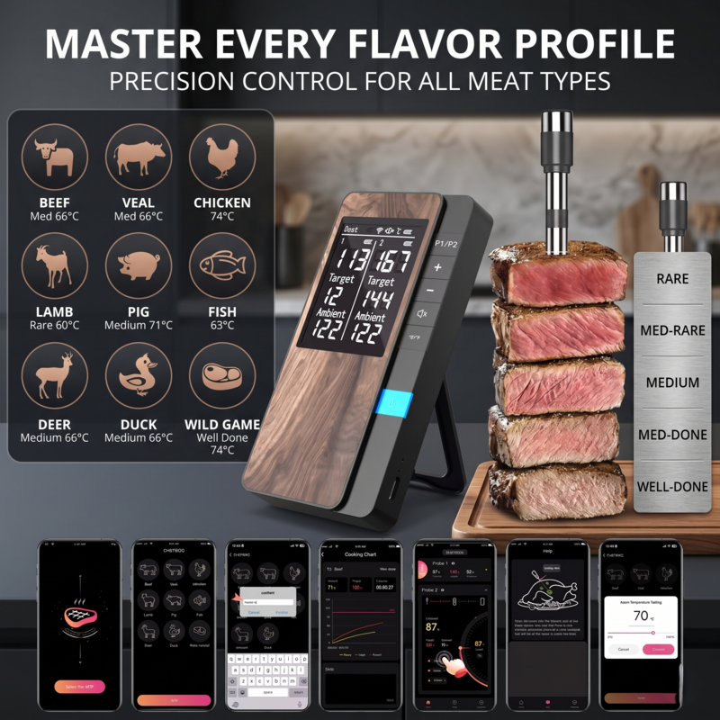 Trådlös köttermometer digital Bluetooth-prob med LCD-skärm och mobilapp för grill Alphinea Store