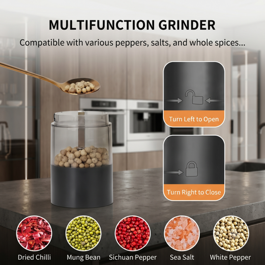 Alphinea multifunction electric grinder for pepper, salt, and spices, featuring an easy-to-use locking chamber.
