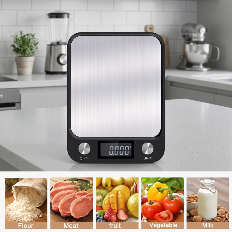 Upright black Alphinea digital scale highlighting its versatile measuring modes for flour, meat, fruits, vegetables, and milk.
