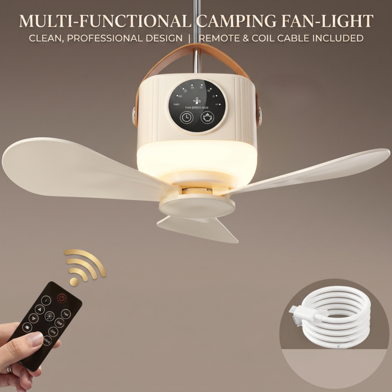 Design épuré du ventilateur de camping multifonctionnel Alphinea, présenté avec sa télécommande et son câble de chargement USB inclus.
