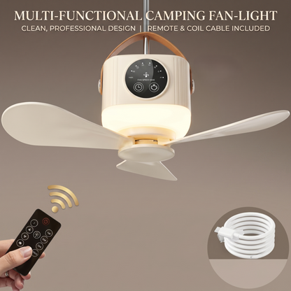 Design épuré du ventilateur de camping multifonctionnel Alphinea, présenté avec sa télécommande et son câble de chargement USB inclus.