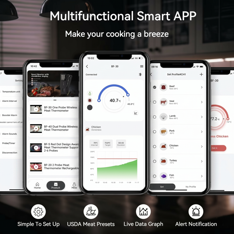Three smartphone screens displaying the Alphinea Multifunctional Smart App, featuring USDA meat presets, live data graphs, and instant smart alerts designed for modern pitmasters.