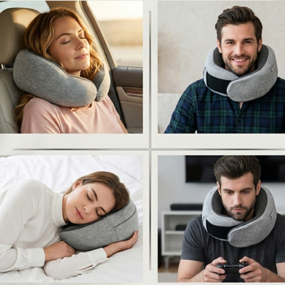 A collage of four images showing people using the Alphinea travel pillow in different scenarios: relaxing in a car, playing video games, and taking a restorative power nap at a desk.