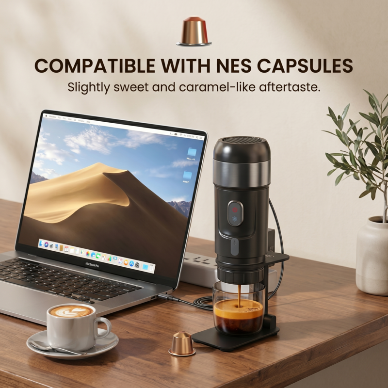 Machine à café portable Alphinea préparant un expresso sur un bureau à côté d'un ordinateur portable, mettant en avant sa compatibilité avec les capsules Nespresso.