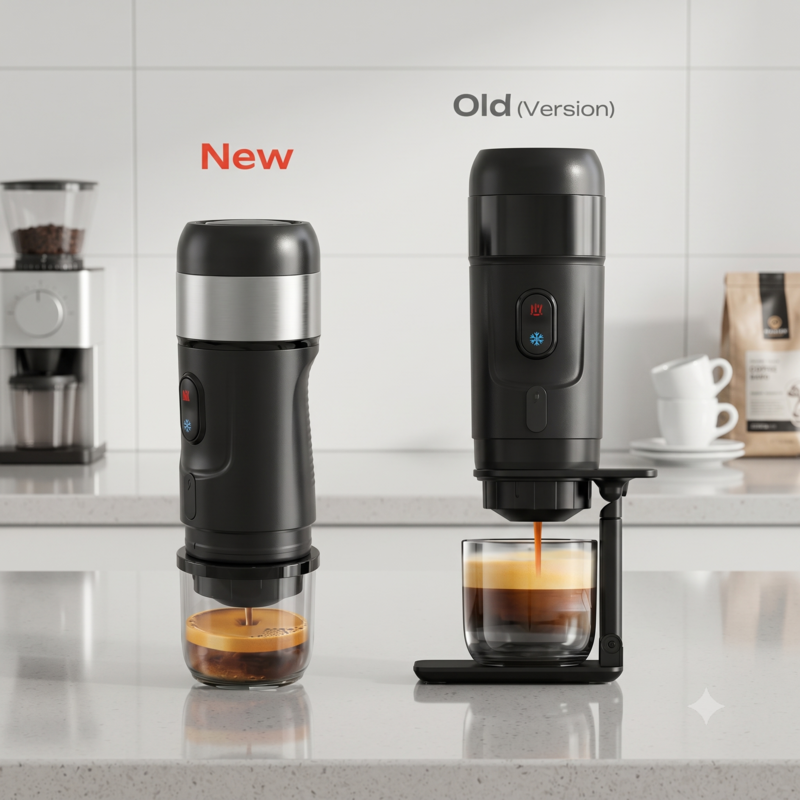 Comparaison visuelle côte à côte des anciens et nouveaux modèles de la machine à expresso portable Alphinea.