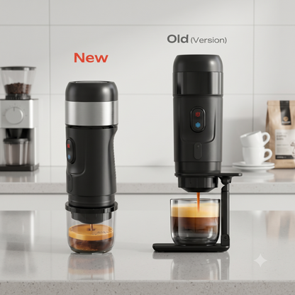 Comparaison visuelle côte à côte des anciens et nouveaux modèles de la machine à expresso portable Alphinea.