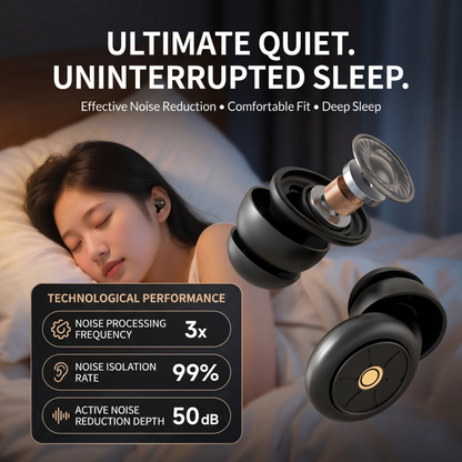 Woman sleeping soundly using Alphinea noise-canceling earplugs, featuring an infographic showing 99% noise isolation and 50dB active noise reduction for uninterrupted sleep.