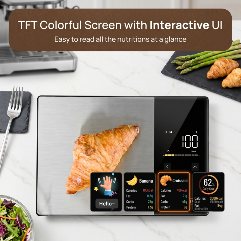 Balance alimentaire numérique Alphinea dotée d'un écran TFT couleur et d'une interface utilisateur interactive pour le suivi des macronutriments.