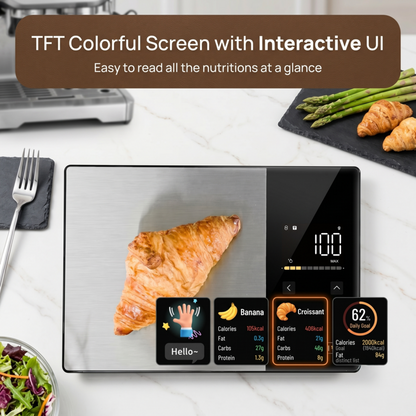 Balance alimentaire numérique Alphinea dotée d'un écran TFT couleur et d'une interface utilisateur interactive pour le suivi des macronutriments.