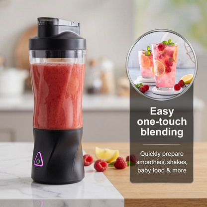 The Alphinea cordless blender displaying a freshly blended red smoothie next to a poured glass. The image highlights the easy one-touch blending feature for quickly preparing smoothies, shakes, and baby food.