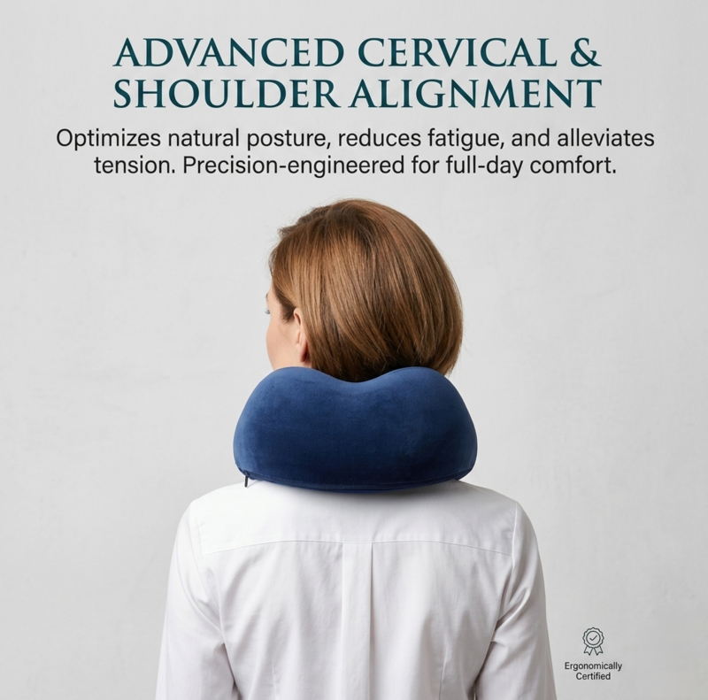 Woman wearing the blue Alphinea travel neck pillow demonstrating advanced cervical and shoulder alignment for optimal posture and reduced travel fatigue.