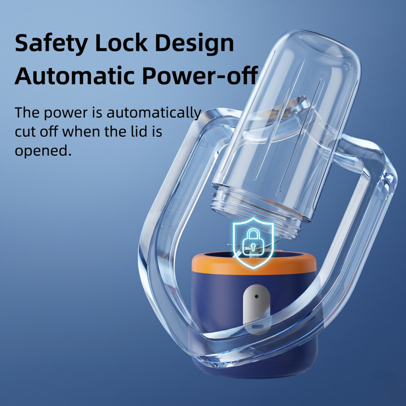 3D diagram of the Alphinea Portable Blender highlighting its built-in Safety Lock Design. The illustration shows the automatic power-off mechanism that triggers when the blending cup is separated from the high-RPM motor base.