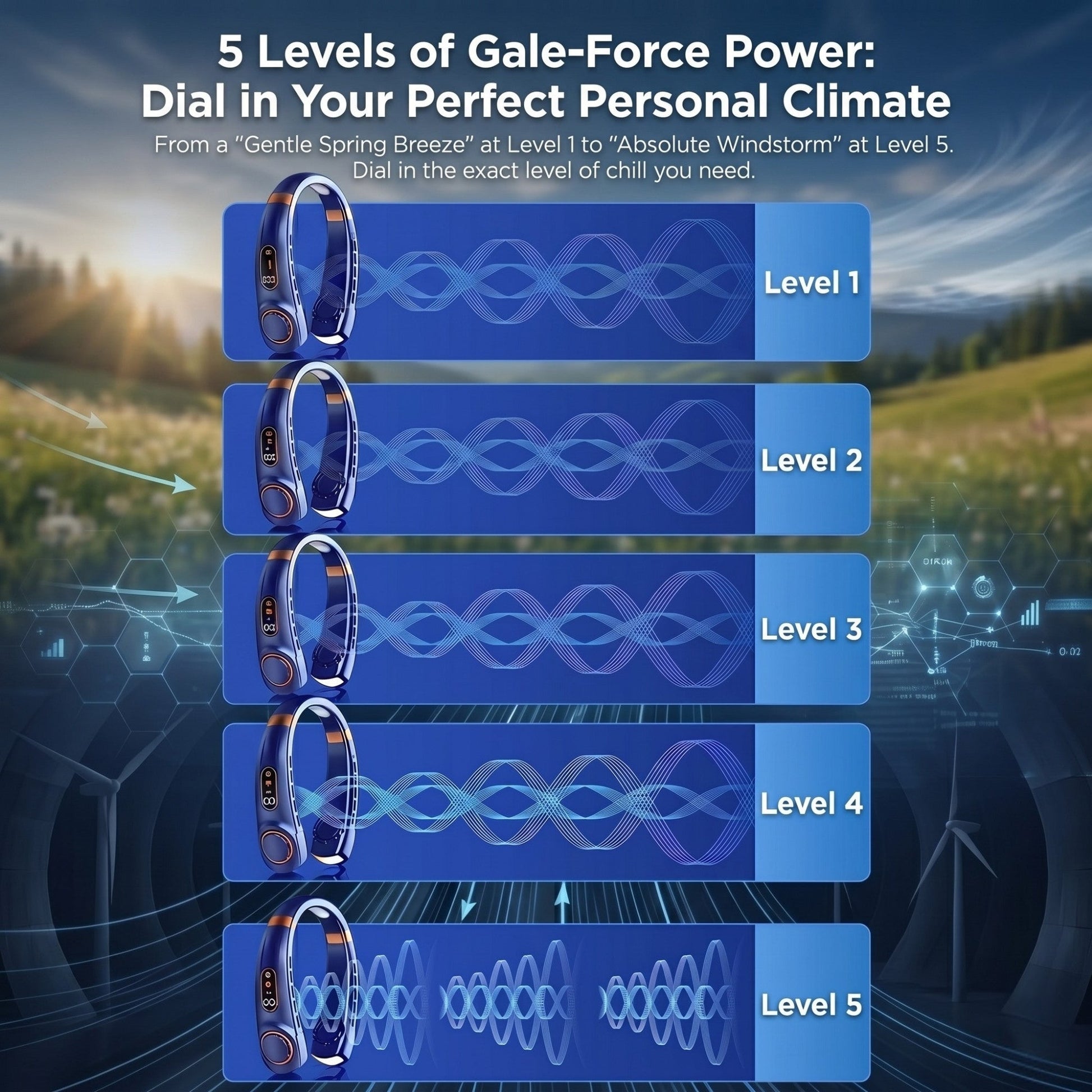 Infographie détaillant les 5 niveaux de vitesse réglables du dispositif de climatisation personnelle Alphinea pour un flux d'air personnalisé.