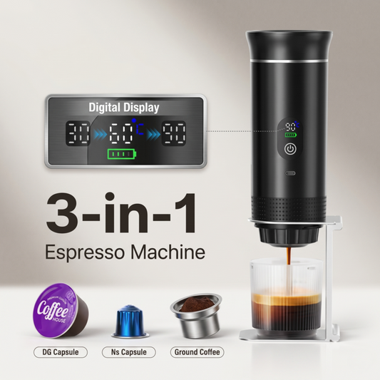 Alphinea portable 3-in-1 espresso machine with digital display, showing compatibility with ground coffee, Nespresso, and Dolce Gusto capsules.