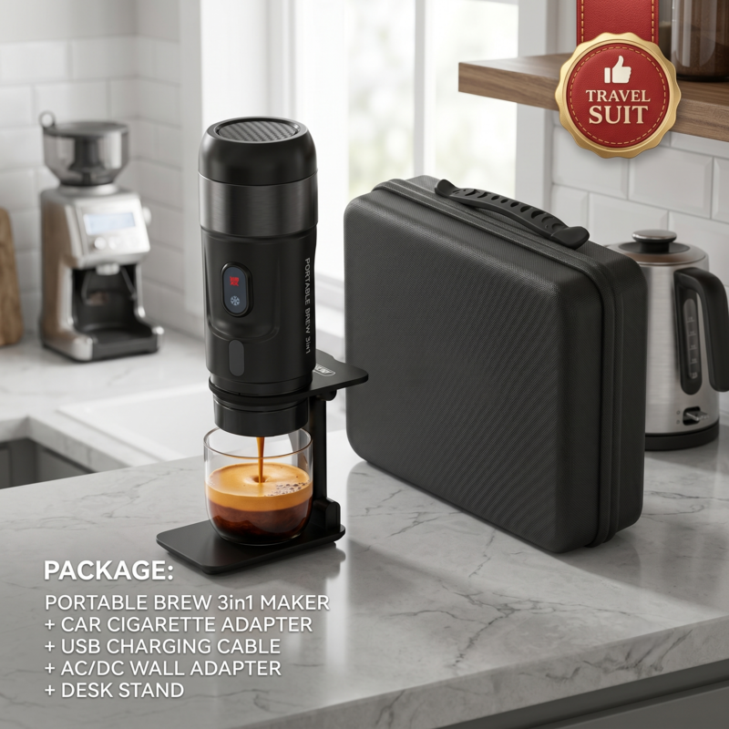 Ensemble de voyage Alphinea pour machine à expresso portable 3 en 1, comprenant la machine à café, un étui de transport protecteur, un support de bureau et des adaptateurs secteur sur un comptoir de cuisine.