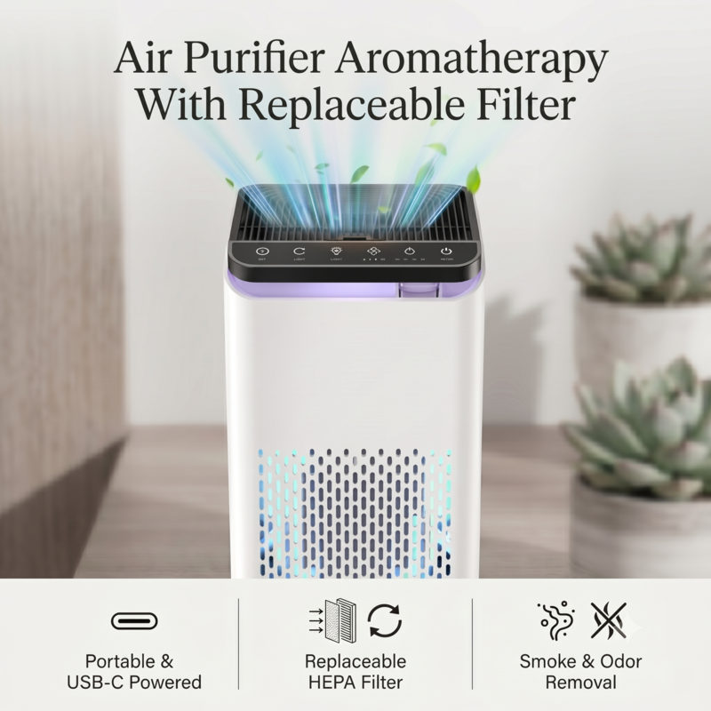 Alphinea Portable Air Purifier with aromatherapy feature, highlighting USB-C power, a replaceable HEPA filter, and smoke and odor removal capabilities.