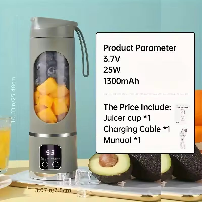 The green Alphinea portable juicer cup alongside technical specifications, noting the 3.7V, 25W, 1300mAh battery and included charging cable.