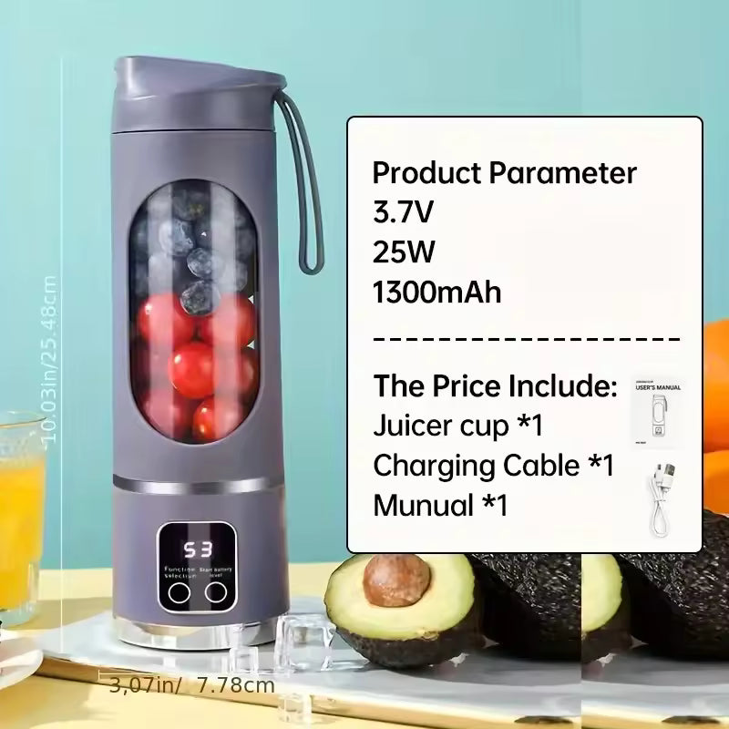 The grey Alphinea portable juicer cup alongside technical specifications, noting the 3.7V, 25W, 1300mAh battery and included charging cable.