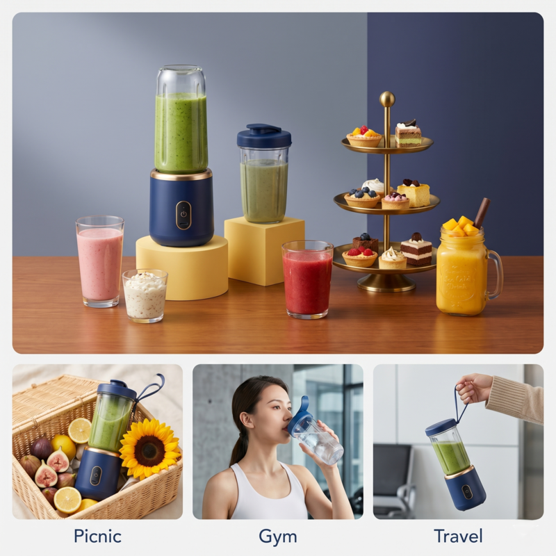 Lifestyle collage demonstrating the versatility of the blue Alphinea Portable Blender. Features a main setup with healthy snacks, alongside inset images of the blender being used at a picnic, for post-workout recovery at the gym, and during travel.