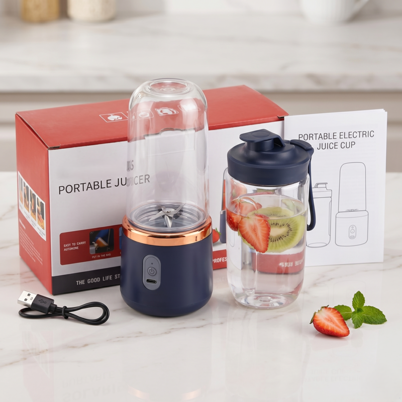 Alphinea portable blender unboxing displaying the red retail packaging, navy blue motor base, two BPA-free travel cups, and universal USB-C charging cable.