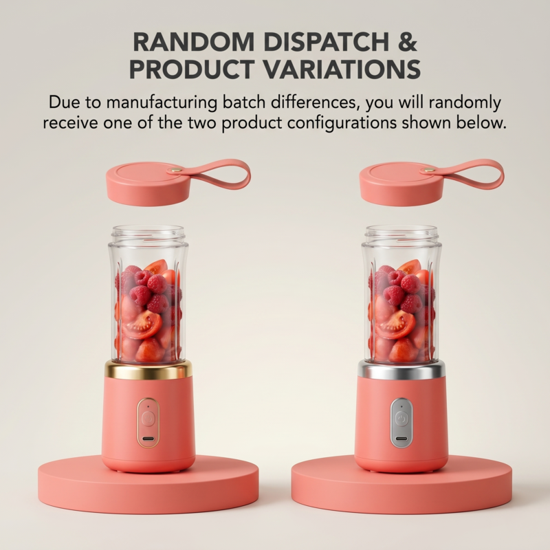 Two pink Alphinea Portable Blenders displayed side-by-side to illustrate minor cosmetic variations between manufacturing batches, ensuring customers know exactly what sleek, handheld design to expect.