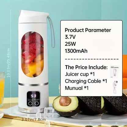 The white Alphinea portable juicer cup highlighting product parameters like the 1300mAh battery capacity and included accessories.
