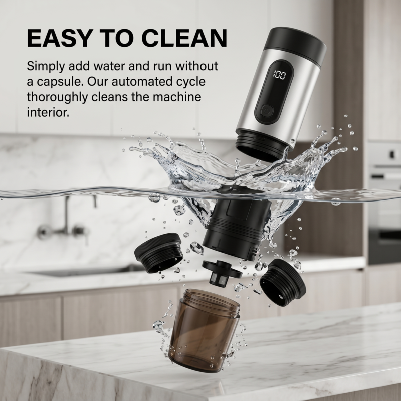 Vue éclatée de la machine à café portable Alphinea avec des éclaboussures d'eau, illustrant son cycle de nettoyage automatisé et sa conception étanche facile à nettoyer.