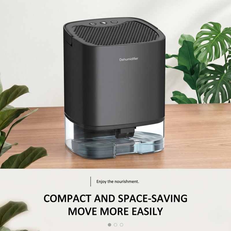 Compact and space-saving black Alphinea portable dehumidifier on a wooden desk, designed to protect electronics and paperwork from humidity in your office.