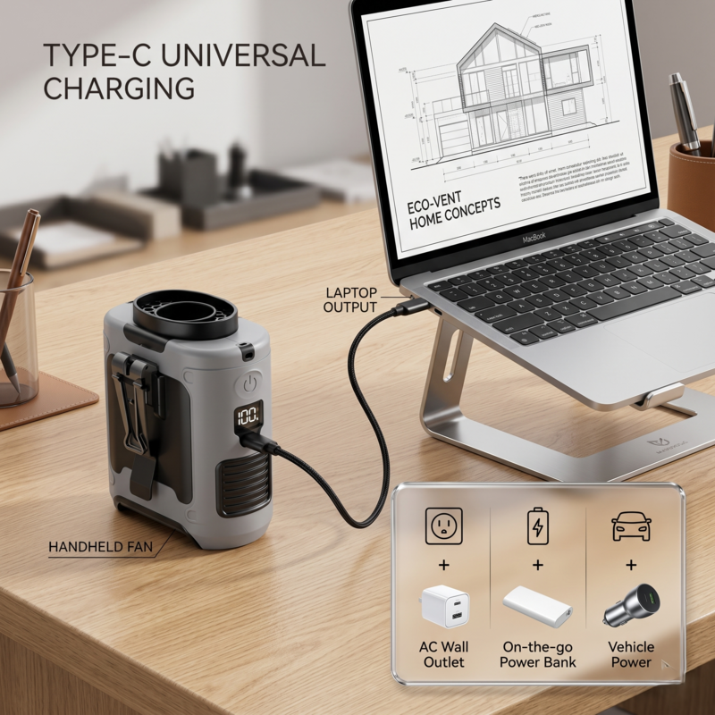 Alphinea mini fan being used as a quiet portable desk fan next to a laptop, highlighting Type-C universal charging capabilities.