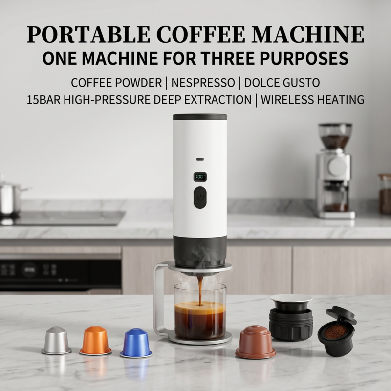 Machine à expresso portable Alphinea préparant du café sur un plan de travail en marbre. Compatible 3 en 1 avec Nespresso, Dolce Gusto et café moulu, elle est dotée d'un système de chauffe sans fil haute pression de 15 bars.