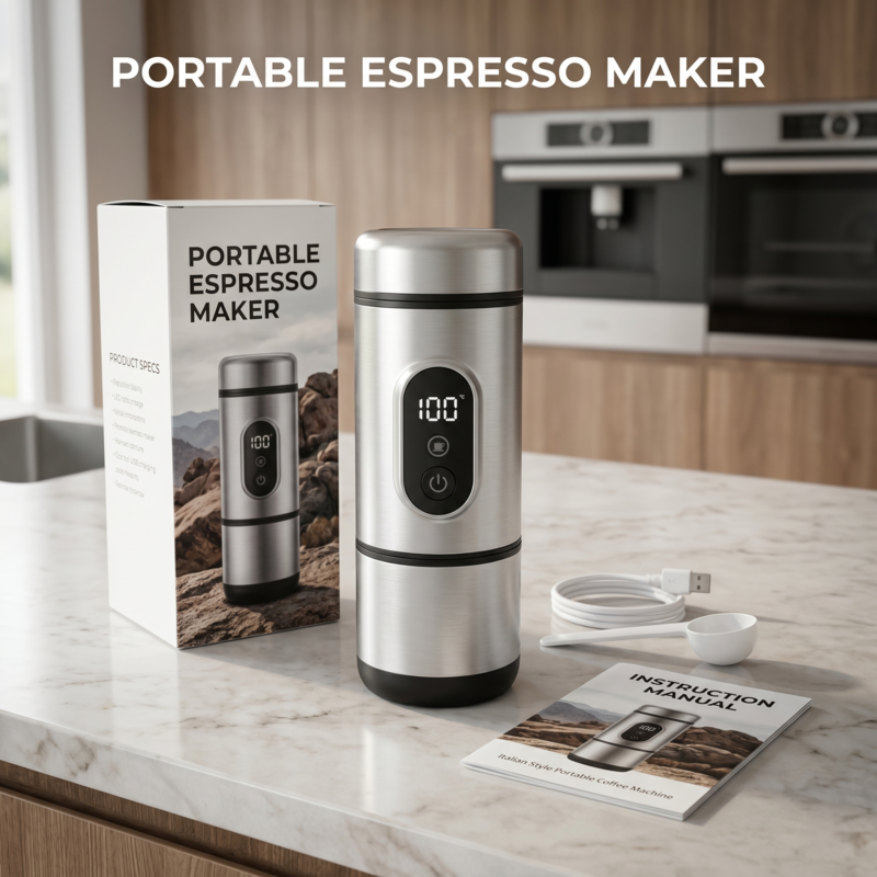 La machine à expresso portable Alphinea est présentée à côté de son emballage de vente au détail de marque et de son manuel d'utilisation sur un comptoir de cuisine moderne.
