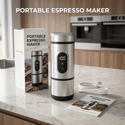 La machine à expresso portable Alphinea est présentée à côté de son emballage de vente au détail de marque et de son manuel d'utilisation sur un comptoir de cuisine moderne.
