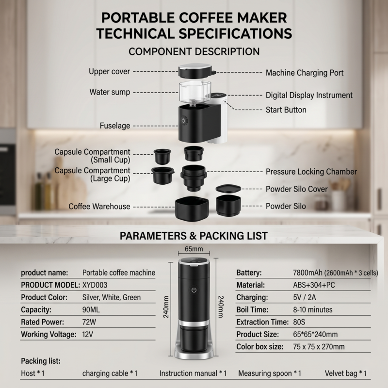 Spécifications techniques et schéma éclaté des composants de la machine à expresso portable Alphinea, détaillant le couvercle du réservoir d'eau, les compartiments à capsules et la liste des éléments à emballer.