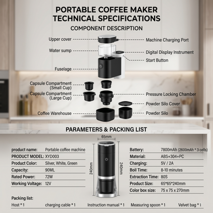 Spécifications techniques et schéma éclaté des composants de la machine à expresso portable Alphinea, détaillant le couvercle du réservoir d'eau, les compartiments à capsules et la liste des éléments à emballer.