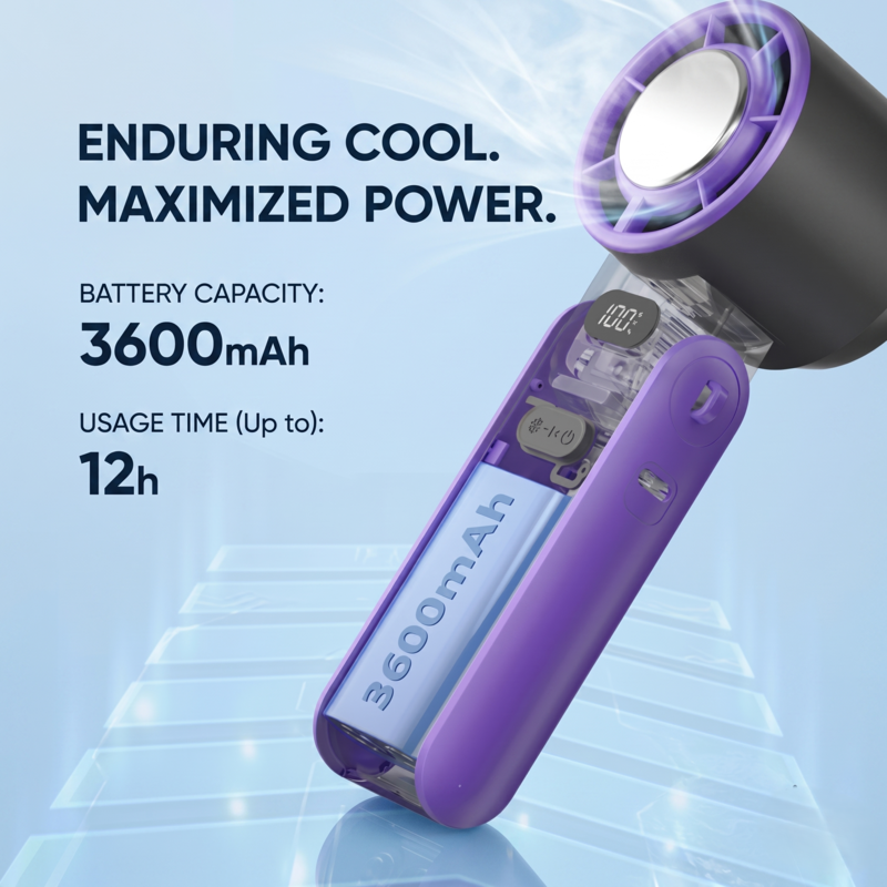 A folded purple Alphinea mini fan highlighting its enduring cooling power, featuring a robust 3600mAh battery capacity that provides up to 12 hours of usage time on the go.