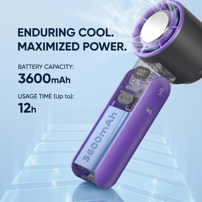 A folded purple Alphinea mini fan highlighting its enduring cooling power, featuring a robust 3600mAh battery capacity that provides up to 12 hours of usage time on the go.