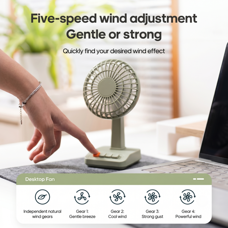 Réglage manuel des 5 vitesses du ventilateur de bureau portable Alphinea vintage pour personnaliser une brise douce ou forte.