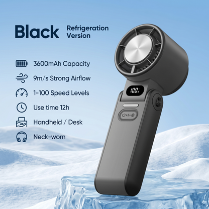 The black version of the Alphinea refrigeration portable fan. Text highlights key specifications including a 3600mAh capacity, 9m/s strong airflow, 100 adjustable speeds, and up to 12 hours of battery life.
