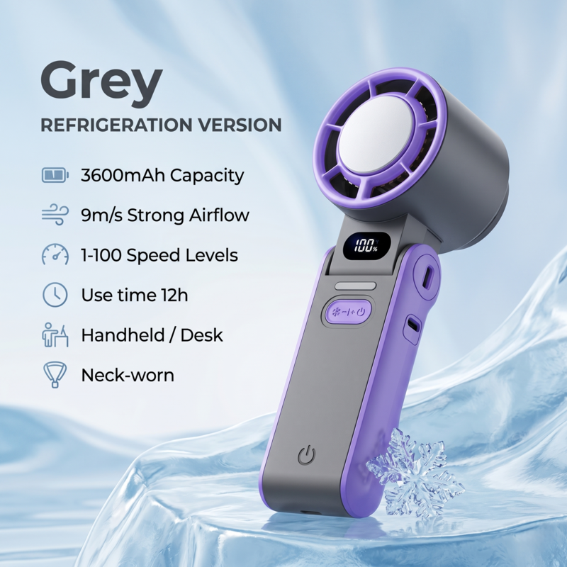 The grey version of the Alphinea refrigeration portable fan. A bulleted list details its 3600mAh battery, 9m/s airflow, 100 speed levels, 12-hour use time, and multi-functional design.