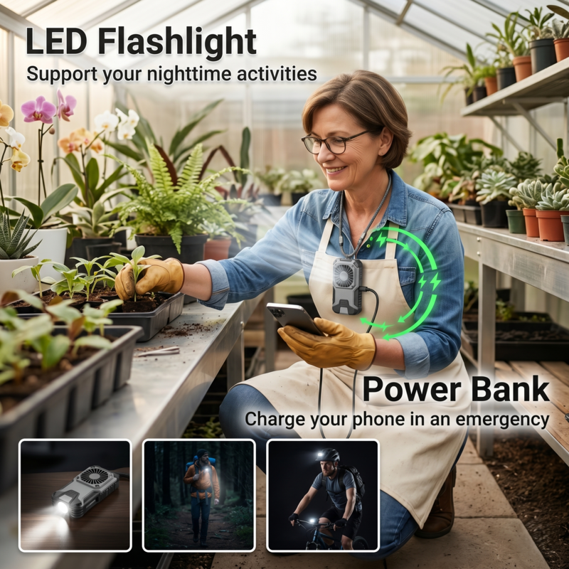 Woman gardening at night using the built-in ultra-bright LED flashlight feature of the Alphinea portable electric fan.