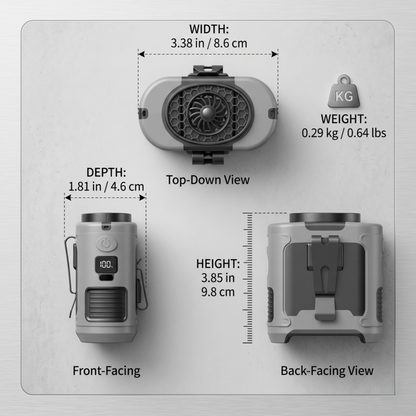 Schematic diagram showing the compact dimensions and top, front, and back views of the Alphinea heavy-duty portable fan.