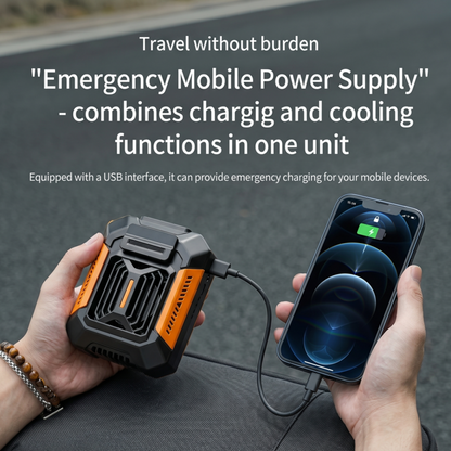 Hands holding the Alphinea mini rechargeable fan being used as an emergency mobile power bank to charge a smartphone via a USB cable.
