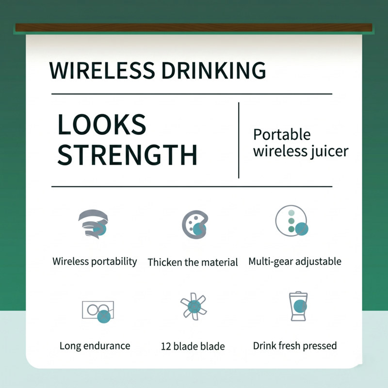 Infographic displaying the Alphinea portable juicer's key features: wireless drinking, thickened material, long battery endurance, and 12-blade technology.