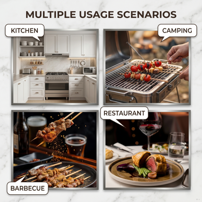 Le broyeur rechargeable Alphinea présenté dans différents scénarios d'utilisation : cuisine domestique, camping, barbecue et restauration.